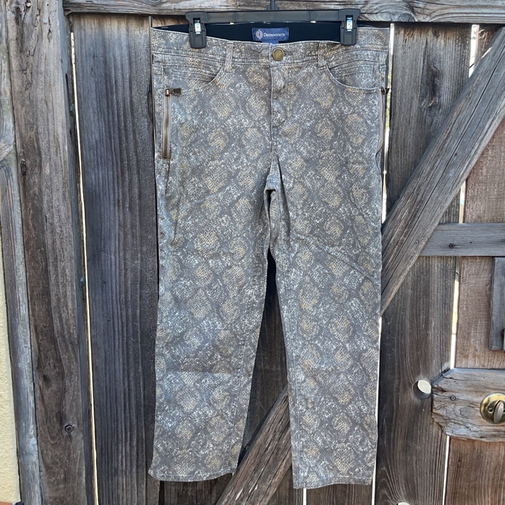 Democracy Absolution Snakeskin Print Ankle Pants Grey Gold Metallic Size 10